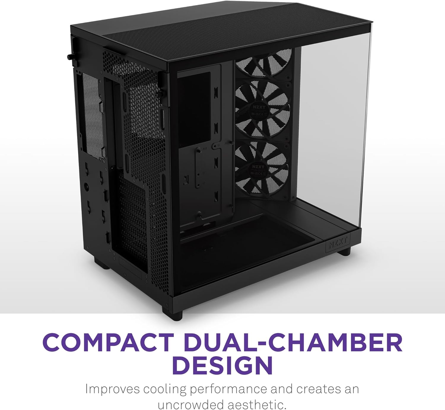 NZXT H6 Flow | CC-H61FB-01 | Compact Dual-Chamber Mid-Tower Airflow Case | Panoramic Glass Panels | High-Performance Airflow Panels | Includes 3 x 120mm Fans | Cable Management | Black