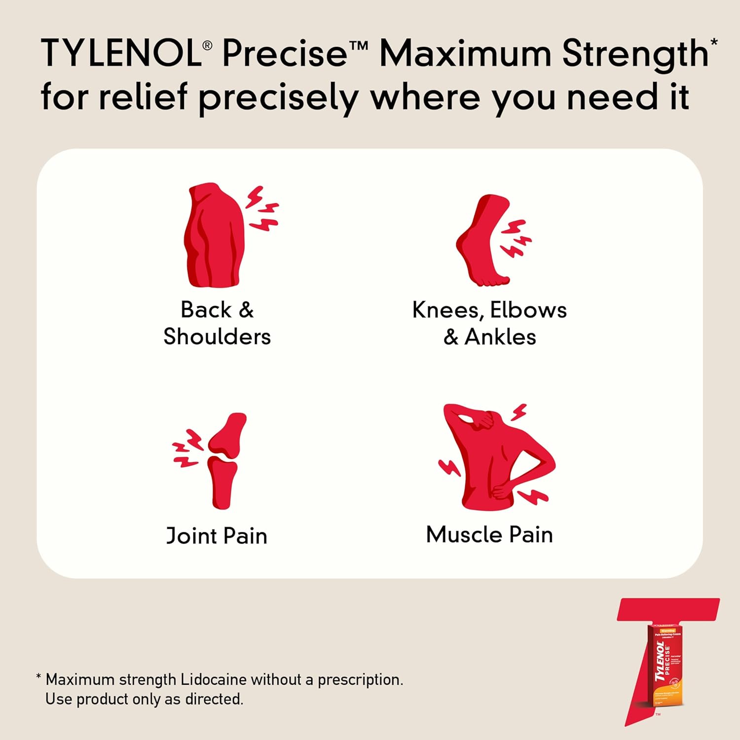 Tylenol Precise Warming Pain Reliever Cream, Maximum Strength 4% Lidocaine Warming Pain Cream for Back, Knee & Joint Pain, Fast-Acting, Penetrating Pain Relief Cream, Light Scent, 4 oz