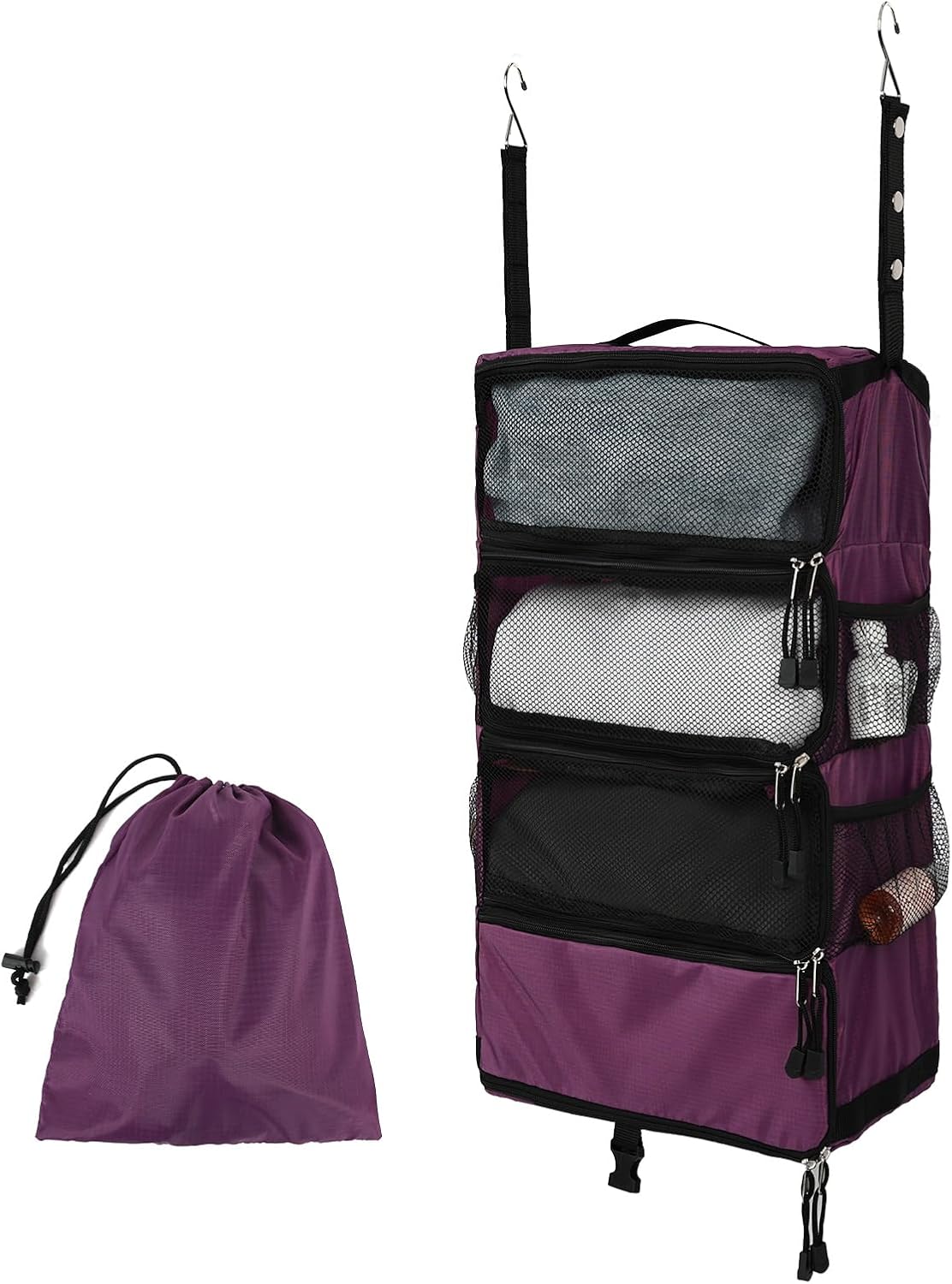 TABITORA Travel Luggage Organizer Hanging Packing Cubes Portable Hanging Shelves Carry on Closet for Suitcase with 2 Hooks,Collapsible(Purple,S)