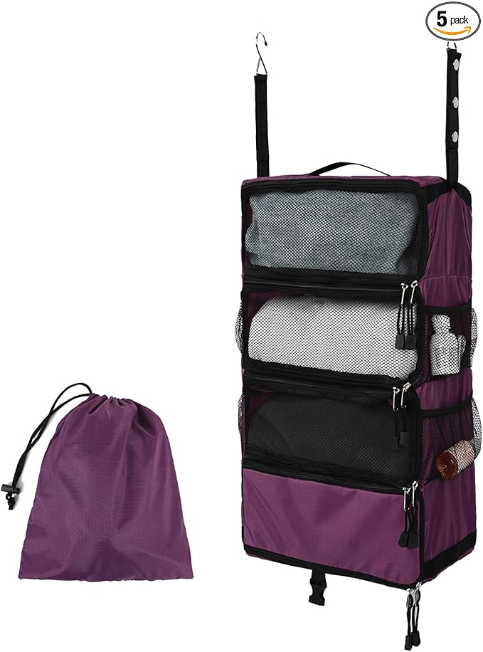 TABITORA Travel Luggage Organizer Hanging Packing Cubes Portable Hanging Shelves Carry on Closet for Suitcase with 2 Hooks,Collapsible(Purple,S)
