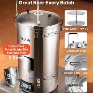 VEVOR Beer Brewing Equipment, 16 Gal/60L Beer Maker with Anti-Burn Pump and Wort Chiller,3000W All-in-One Home Brewing Kit with Digital Control, Recipe Memory & Timer, Removable mesh strainer