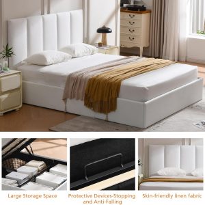 VELOCAVA Queen Size Lift-Up Hydraulic Storage Bed, White Linen-Look Upholstered Platform Bed with Vertical Channel Headboard, Wooden Slat Support, No Box Spring Needed