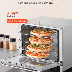 VEVOR Commercial Convection Oven, 66L/60Qt, Half-Size Conventional Oven Countertop, 1800W 4-Tier Toaster w/Front Glass Door, w/Trays Wire Racks Clip Gloves, 120V