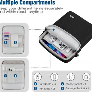 MoKo Bolsa para tablet de 9 a 11 pulgadas, funda protectora de transporte de 360° para iPad Air 5/4th 10.9, iPad Pro de 11 pulgadas, iPad 9/8/7th 10.2, iPad de 10.9 de 10.9, con múltiples bolsillos, correa para el hombro y puerto para auriculares, color negro