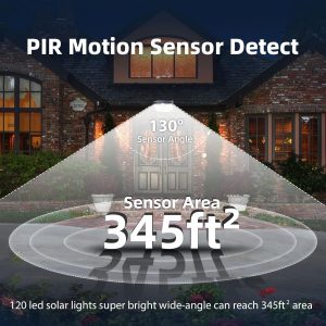 HMCITY 120 LED Outdoor Solar Lights with Motion Sensor and 3 Lighting Modes, IP65 Waterproof Wide Solar Wall Lights Ideal for Garden Patio Yard (Front Button 6Packs, Black Shell-Daylight White)