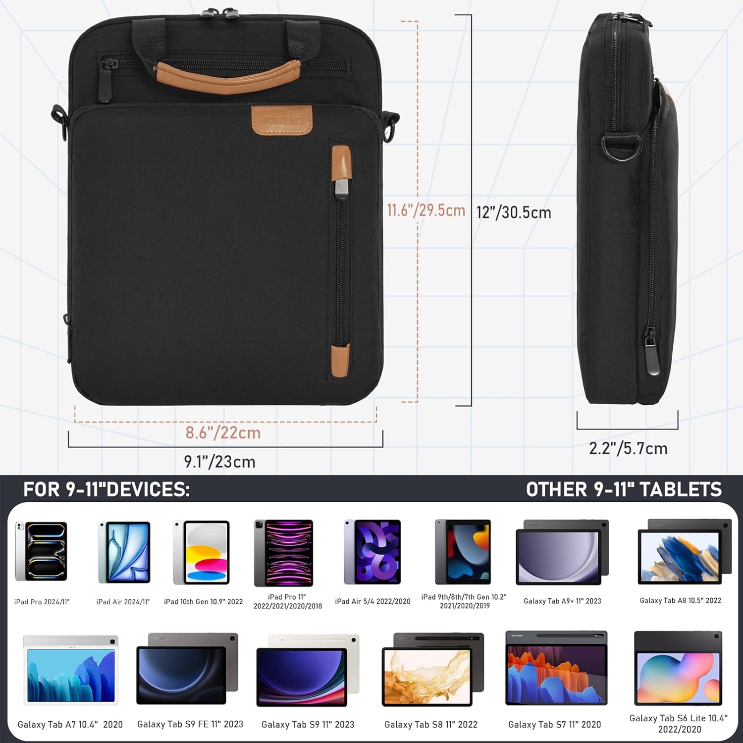 9-11 Inch Tablet Sleeve Bag, Padded Protective Travel Carrying Case for iPad A16 2025, iPad Air M4 11-inch 2026 M3 M2, iPad Pro M5/M4 11 inch, iPad 10/9/8/7th, Galaxy Tab A9+/S9/S8 11" | with shoulder Strap