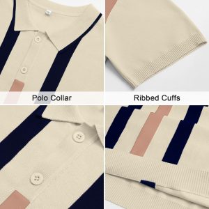 Ryehack Mens Casual Polo Shirts Knit Short Sleeve Vintage Striped Button T-Shirt Slim Fit Golf Vacation Shirt