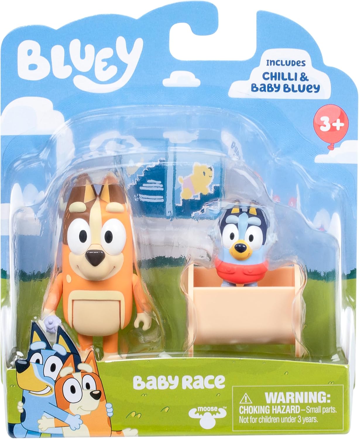 Paquete de 2 figuras articuladas de juguete de carreras de Bluey Baby, juguetes de personajes con Chilli y bebé en cuna accesorio, figuras de acción pequeñas para edades 3+