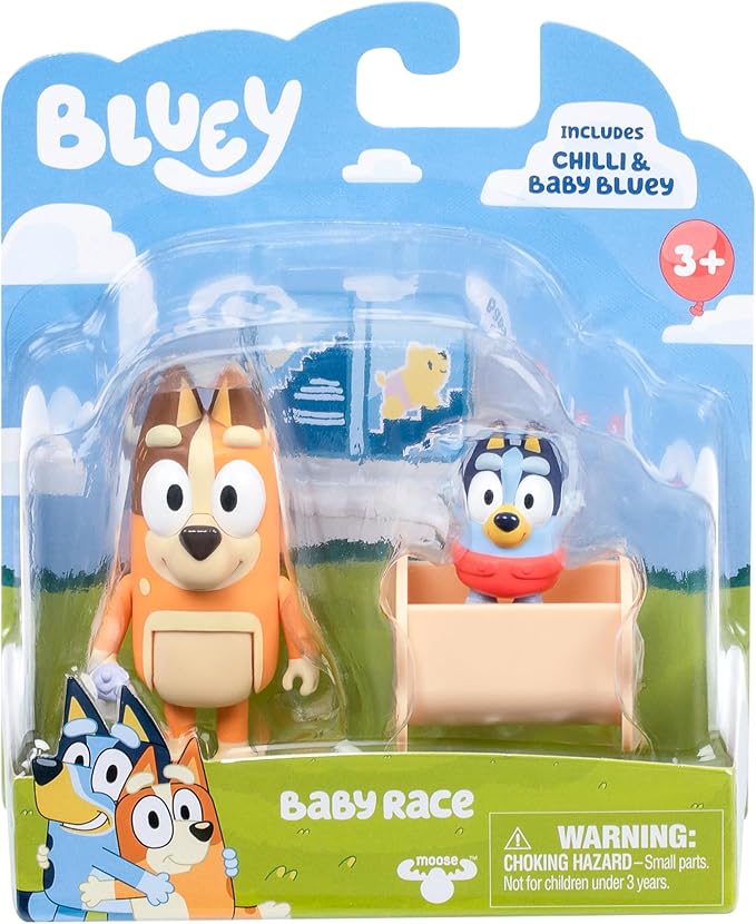 Paquete de 2 figuras articuladas de juguete de carreras de Bluey Baby, juguetes de personajes con Chilli y bebé en cuna accesorio, figuras de acción pequeñas para edades 3+