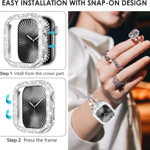 WINGLE Paquete de 2 fundas para Apple Watch Series 11 10 de 1.81 pulgadas, protector de pantalla completo con 300 diamantes de cristal para iWatch 11, 10, 1.811 in, con protector de vidrio templado, color plateado y transparente
