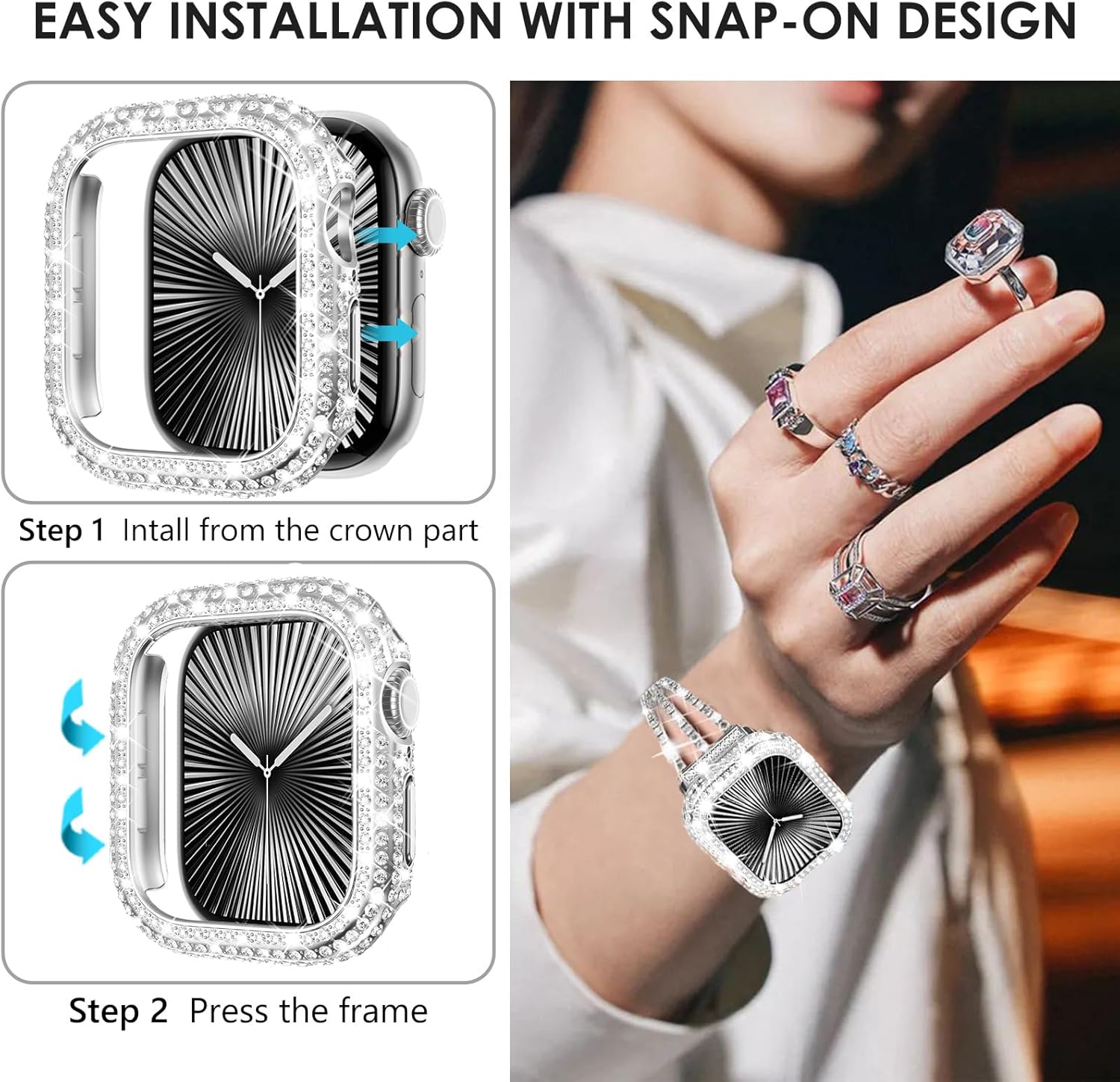 WINGLE Paquete de 2 fundas para Apple Watch Series 11 10 de 1.81 pulgadas, protector de pantalla completo con 300 diamantes de cristal para iWatch 11, 10, 1.811 in, con protector de vidrio templado, color plateado y transparente