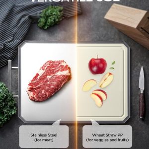 SNOWCLAD Stainless Steel Cutting Board,Double Sided Steel Bread Boards for kitchen,Stainless Steel/Wheat straw pp Large Board for meat,non toxic Chopping,16 * 11 Inch,Dishwasher Safe