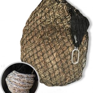 Hay Chix Red de heno para caballos | Alimentador de bolsas de heno de alimentación lenta | Nylon tratado UV de grado marino | Capacidad para 4-6 copos | Red de media paca | Agujeros de 1 3/4 pulgadas
