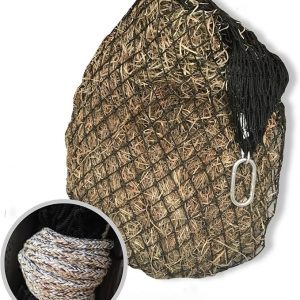 Hay Chix Red de heno para caballos | Alimentador de bolsas de heno de alimentación lenta | Nylon tratado UV de grado marino | Capacidad para 4-6 copos | Red de media paca | Agujeros de 1 3/4 pulgadas