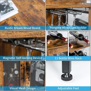 X-cosrack Armario para bar de vinos con estante desmontable para vinos, gabinete de barra de café con soporte para vidrio, aparador pequeño y gabinete de buffet con puerta de malla, marrón rústico