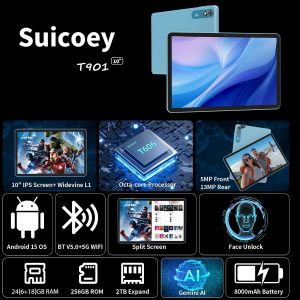 2026 Android tablet 10 inch, Android 15 Tablet with Keyboard, 24GB+256GB+2TB Expand, 2 in 1 Tablets with Gemini AI, 8-Core, 8000mAh, Widevine L1, GMS, Tablets PC with Case, Mouse, Stylus (Black Case)