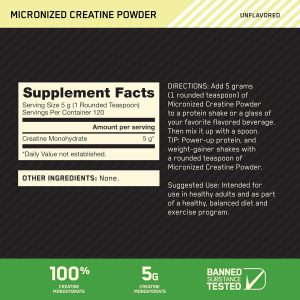 Optimum Nutrition Monohidrato de creatina micronizada en polvo, sin sabor, 120 porciones, 21.16 oz (el embalaje puede variar) (paquete de 2)