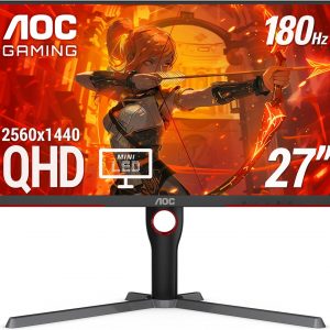 AOC Q27G3XMN - Monitor para juegos QHD de 27", 2560x1440, Mini LED, 180Hz 1ms GtG, HDR 1000, sRGB 137.5%, HDMI 2.0 x 1, DisplayPort 1.4 x1, sincronización adaptativa, 3 años sin píxeles brillantes