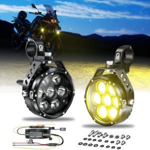 Kewig - Faro antiniebla auxiliar LED de 11.4 cm para motocicleta, kit de luz de conducción de 90 W, ámbar/blanco, con soportes de montaje, arnés de cables, resistente al agua, todoterreno, para