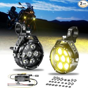 Kewig - Faro antiniebla auxiliar LED de 11.4 cm para motocicleta, kit de luz de conducción de 90 W, ámbar/blanco, con soportes de montaje, arnés de cables, resistente al agua, todoterreno, para