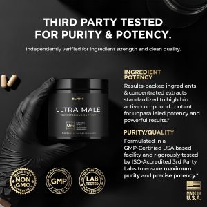 ULTRA MALE® Premium Testosterone Booster for Men w. 100:1 Shilajit, 40:1 Black Maca, Ashwagandha 25%, Tongkat Ali 10% - Clinical Strength Male Enhancing Testosterone Supplement for Men Health Libido+