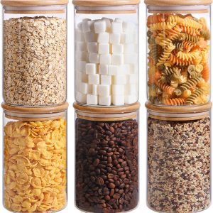 ComSaf 1 Qt Glass Storage Containers with Lids, Glass Jars with Lids, Clear Food Storage Jar, Round Canister Set of 6, Pantry Organizers for Cookie Pasta Flour Rice Tea Coffee Bean