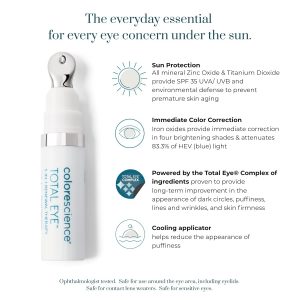 Colorescience Total Eye 3-in-1 Renewal Therapy SPF 35, Broad Spectrum UVA/UVB, Clinically Proven Color Correction & Brightening, Cooling Applicator for Puffiness
