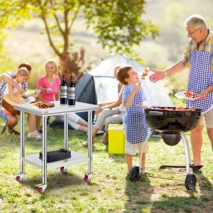 Mophorn Stainless Steel Work Table with Wheels 30 L* 24 W * 33 H Inch Prep Table with 4 Casters Heavy Duty Work Table for Commercial Kitchen Restaurant Business, Silver and Black