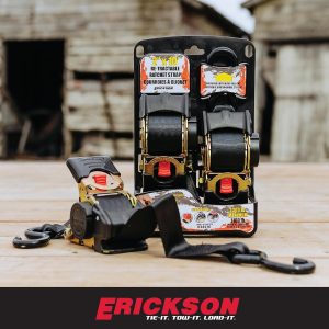 Erickson Pro Series 2in x 10ft Black Retractable Ratcheting Tie-Down Straps, High-Strength Design, 3300 lb Load Capacity, Pack of 2