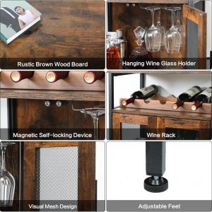 X-cosrack Armario para bar de vinos con estante desmontable para vinos, barra de café con soporte para vidrio, aparador pequeño y gabinete de buffet con puerta de malla, marrón rústico (patente