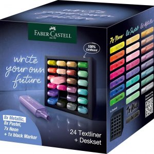 Faber-Castell Juego de escritorio resaltador, surtido de 24 marcadores de punta de cincel, juego metálico, neón y pastel, resaltadores finos que no se corren, suministros de papelería y diario de viñetas, regalos para artistas