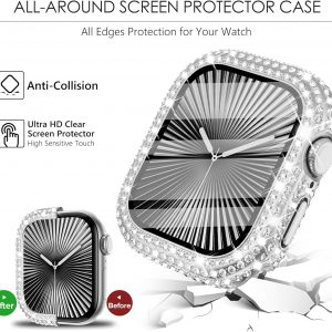 WINGLE Paquete de 2 fundas para Apple Watch Series 11 10 de 1.81 pulgadas, protector de pantalla completo con 300 diamantes de cristal para iWatch 11, 10, 1.811 in, con protector de vidrio templado, color plateado y transparente