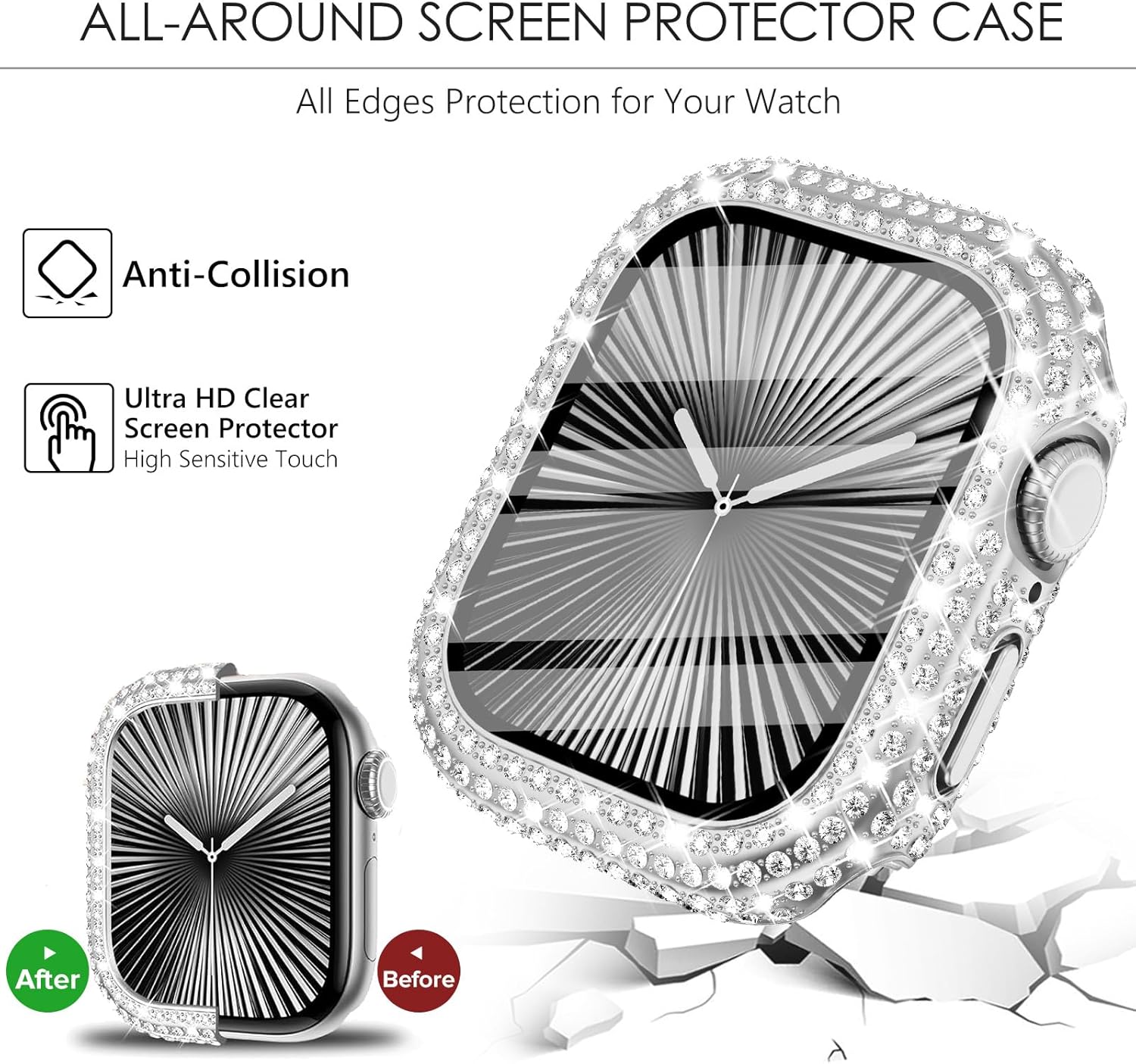 WINGLE Paquete de 2 fundas para Apple Watch Series 11 10 de 1.81 pulgadas, protector de pantalla completo con 300 diamantes de cristal para iWatch 11, 10, 1.811 in, con protector de vidrio templado, color plateado y transparente