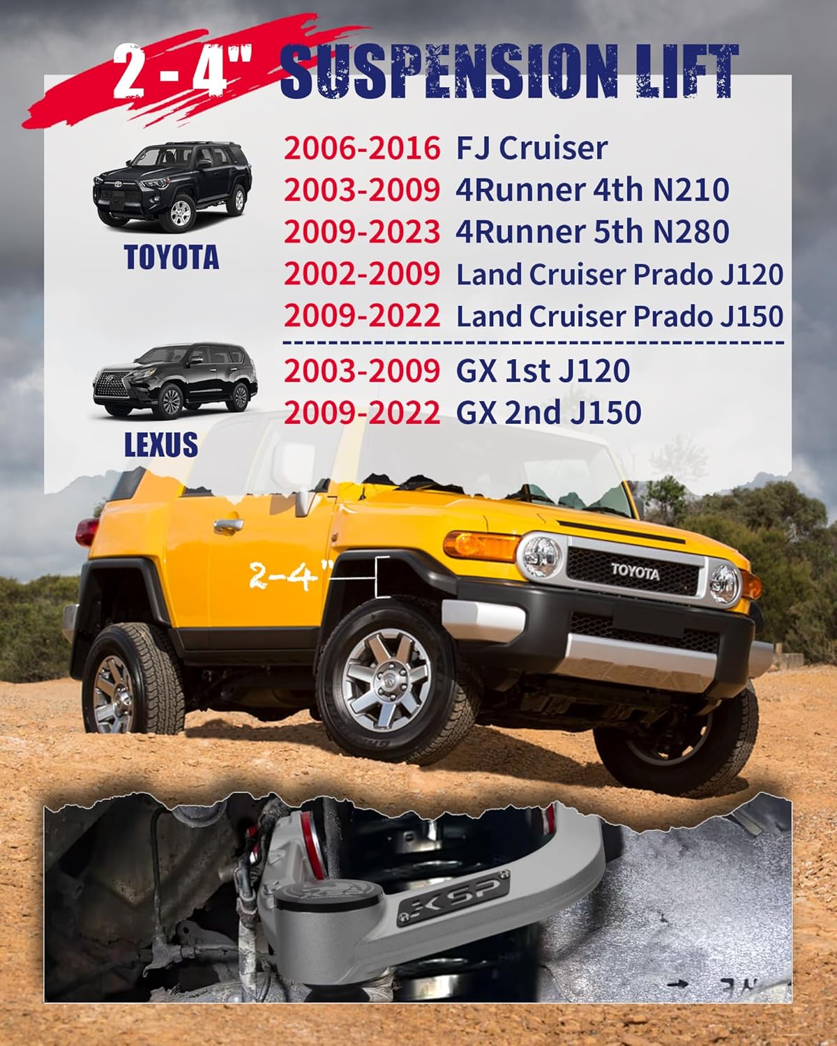 KSP Brazo de Control Superior Delantero Para Toyota 4Runner 2003-2023 Brazo de Control de Aluminio Delantero Ajustable de 2-4 pulgadas Para 2006-2016 FJ Cruiser 2003-2022 Land Cruiser Lexus GX UCA Forjado