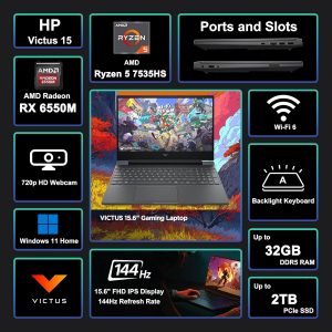 HP Victus 15 Gaming Laptop 15.6" FHD IPS 144Hz (AMD FreeSync Premium) AMD 6-core Ryzen 5 7535HS 16GB DDR5 1TB SSD Radeon RX 6550M (>RTX3050) Backlit USB-C Fast Charging Win11 ICP Printer Cable