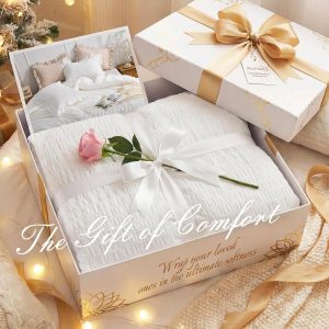JOLLYVOGUE White Comforter Full Size, 3 Pieces Seersucker Lightweight Full Size Bedding, All Season Fluffy Microfiber Bedding Comforter Set with 1 Ruffle Comforter and 2 Ruffle Pillowshams