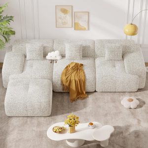 Sofá seccional modular moderno en forma de L de 122", sofás sin armazón para sala de estar con otomana, juego de sofá nube de chenilla convertible de 4 plazas, no requiere montaje, beige, 1 pieza