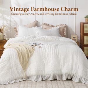 JOLLYVOGUE White Comforter Full Size, 3 Pieces Seersucker Lightweight Full Size Bedding, All Season Fluffy Microfiber Bedding Comforter Set with 1 Ruffle Comforter and 2 Ruffle Pillowshams
