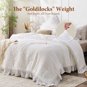 JOLLYVOGUE White Comforter Full Size, 3 Pieces Seersucker Lightweight Full Size Bedding, All Season Fluffy Microfiber Bedding Comforter Set with 1 Ruffle Comforter and 2 Ruffle Pillowshams