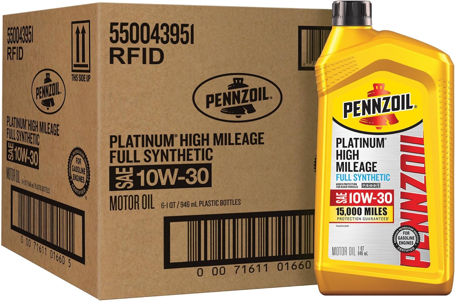Aceite de motor Pennzoil Platinum High Mileage Full Synthetic 10W-30, 1 cuarto de galón (paquete de 6)