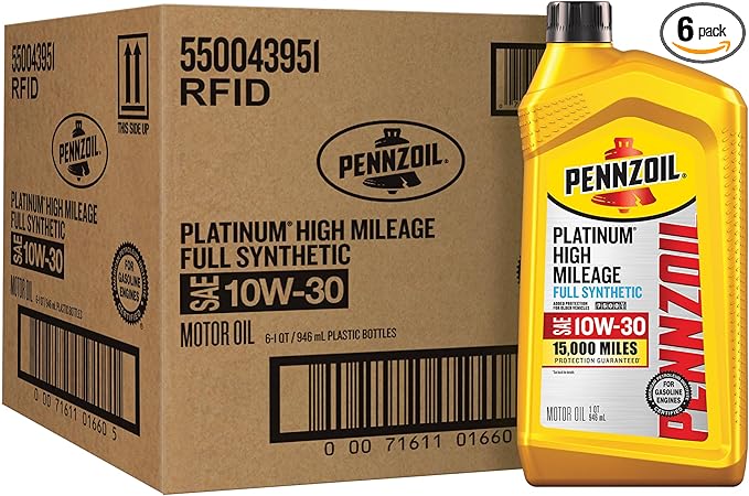 Aceite de motor Pennzoil Platinum High Mileage Full Synthetic 10W-30, 1 cuarto de galón (paquete de 6)