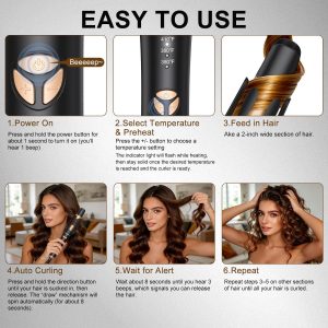 Automatic Curling Iron Beach Waves Curling Wand, Portable Hair Curler3 Temperatures Fast Heating, 2-Way Rotation, Anti-Scald, Anti-Tangle Rotating 30 Million Ionic Ceramic Coating (Black)