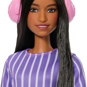 Barbie Fashionistas Doll #245, Autistic Doll Wearing Purple Striped Dress with Accessories Like Fidget Spinner, Tablet and Headphones