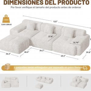 Sofá seccional modular moderno en forma de L de 122", sofás sin armazón para sala de estar con otomana, juego de sofá nube de chenilla convertible de 4 plazas, no requiere montaje, beige, 1 pieza