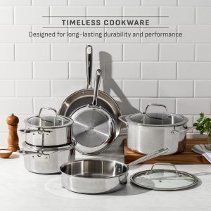 T-fal Pro Tri-Ply Stainless Steel Cookware Set, 10 Piece-Induction Compatible, Oven Safe 500F, Lids-350F, Even Heat, Professional Quality, Durable, Induction Pots and Pans Set, Silver