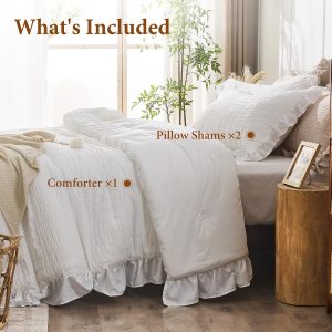 JOLLYVOGUE White Comforter Full Size, 3 Pieces Seersucker Lightweight Full Size Bedding, All Season Fluffy Microfiber Bedding Comforter Set with 1 Ruffle Comforter and 2 Ruffle Pillowshams