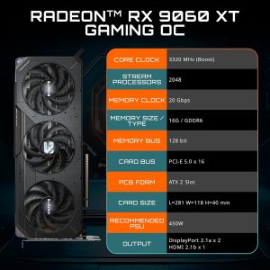 GIGABYTE Radeon RX 9060 XT Gaming OC 16G, tarjeta gráfica, PCIe 5.0, 16GB GDDR6, GV-R9060XTGAMING OC-16GD, tarjeta de video