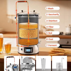 VEVOR Beer Brewing Equipment, 16 Gal/60L Beer Maker with Anti-Burn Pump and Wort Chiller,3000W All-in-One Home Brewing Kit with Digital Control, Recipe Memory & Timer, Removable mesh strainer
