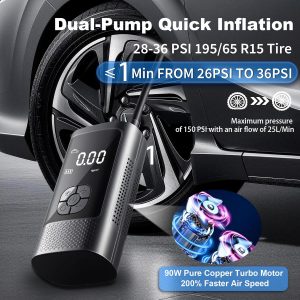 Cordless Tire Inflator Portable Air Pump - Car & Motorcycle Accessories, Dual-Pump, 1s Fast Inflation, 150PSI, Auto-Stop, Pressure Monitor, 5 Modes, LED Light