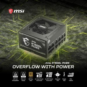 MSI MAG A750GL PCIE5, Fully Modular Compact Gaming 750W Power Supply, 80+ Gold, ATX 3.1 & PCIe 5.1 Ready, Native Dual-Color 12V-2x6 Cable, 10 Year Warranty